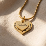 Double heart necklace in gold with personalised name engraving, meaningful love keepsake jewellery gift