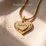 Double heart necklace size guide showing layered heart pendant dimensions and engraved name detail