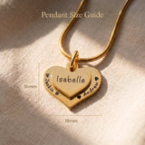 Double heart necklace size guide showing layered heart pendant dimensions and engraved name detail
