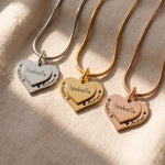 Double heart necklace tone comparison showing gold, silver and rose gold personalised keepsake jewellery