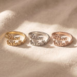 Personalized double name rings in gold, silver, and rose gold finishes for custom jewelry comparison