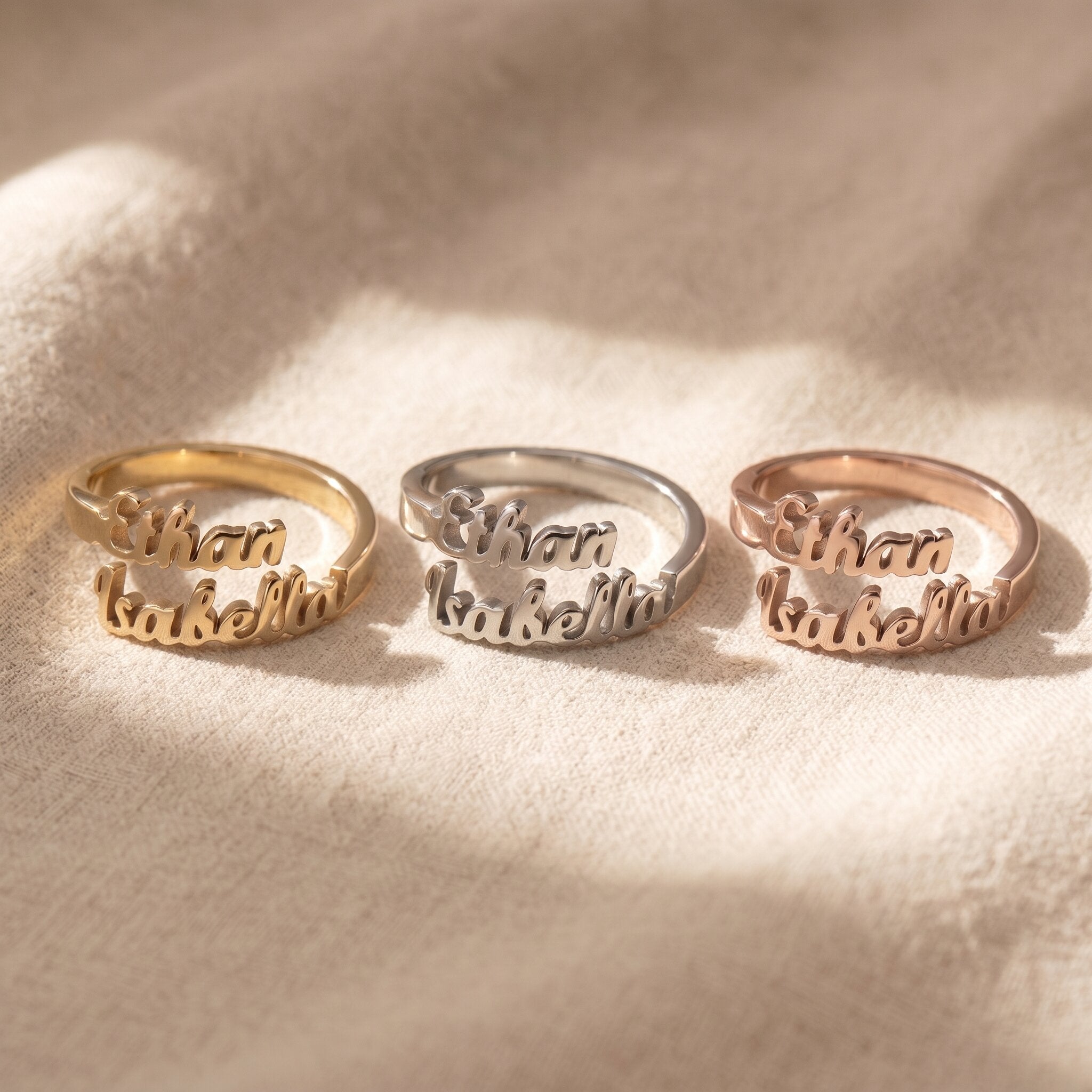 Personalized double name rings in gold, silver, and rose gold finishes for custom jewelry comparison