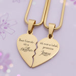 Belle Fever Double Heart Puzzle Necklaces in gold, personalised for best friends or couples who carry a piece of each other.
