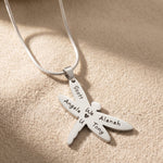 Dragonfly necklace in silver with engraved name, elegant and meaningful jewellery piece