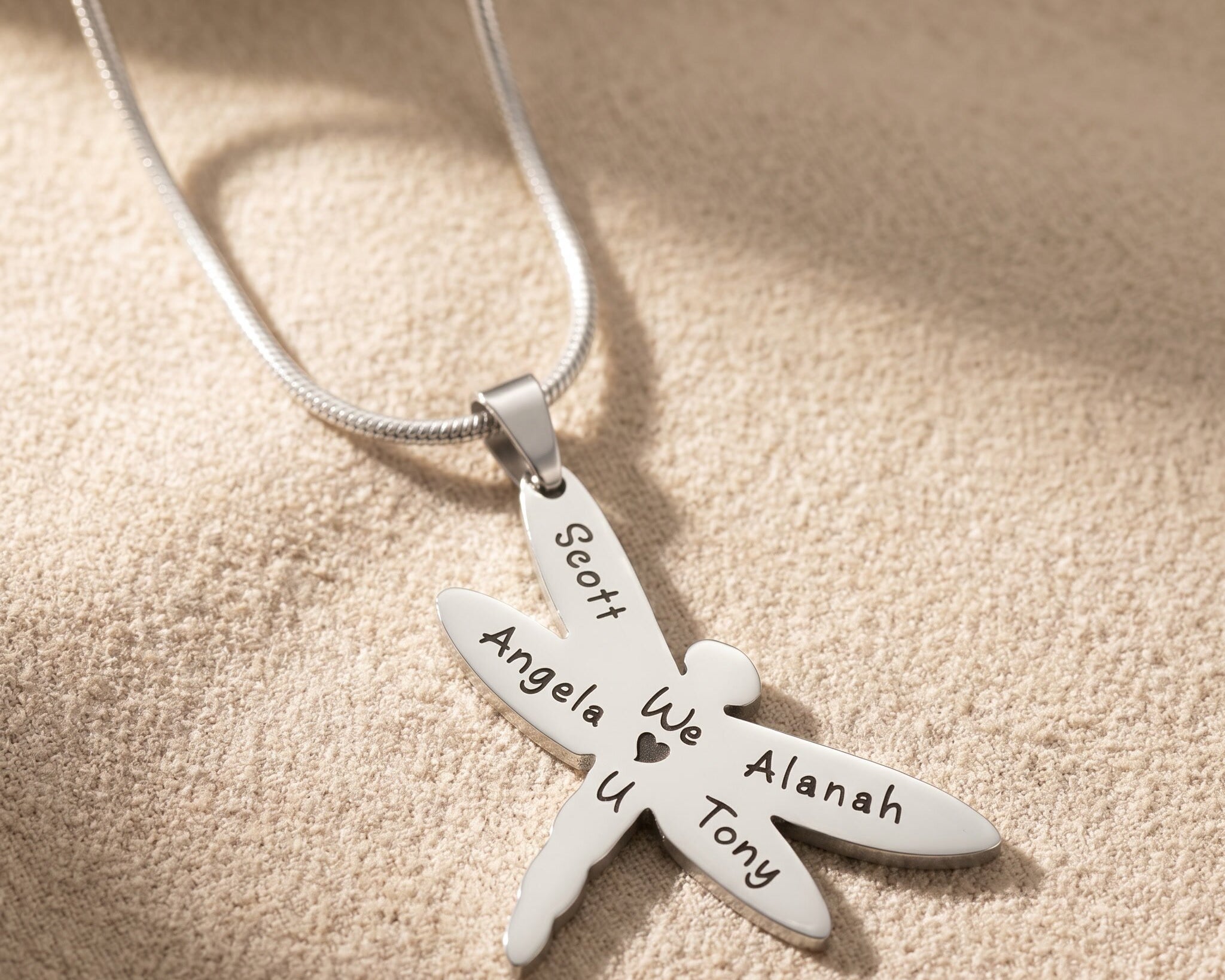 Dragonfly necklace in silver with engraved name, elegant and meaningful jewellery piece