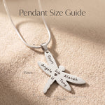 Dragonfly necklace size guide showing pendant dimensions and chain length