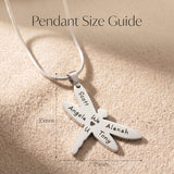 Dragonfly necklace size guide showing pendant dimensions and chain length