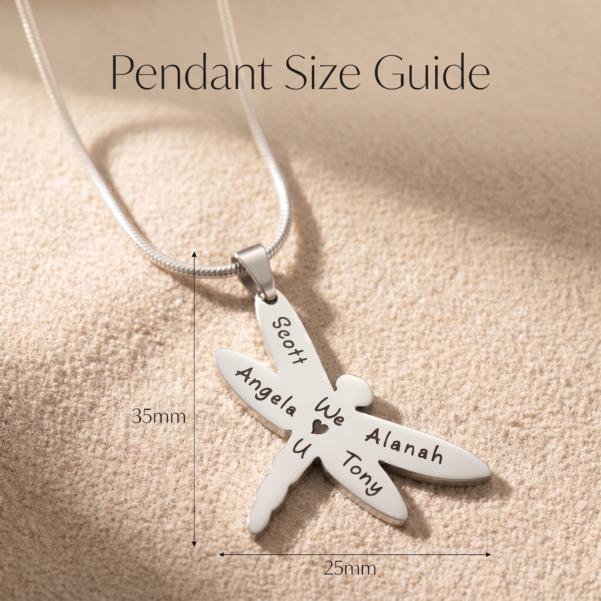 Dragonfly necklace size guide showing pendant dimensions and chain length