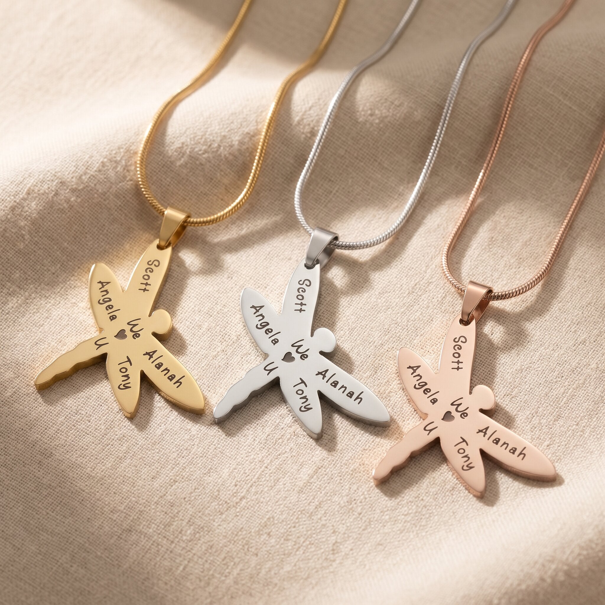 Dragonfly necklace tone comparison showing gold, silver and rose gold engraved finishes