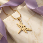Belle Fever Dragonfly Necklace with Custom Engraved Names, symbolic transformation jewellery gift inspired by nature.