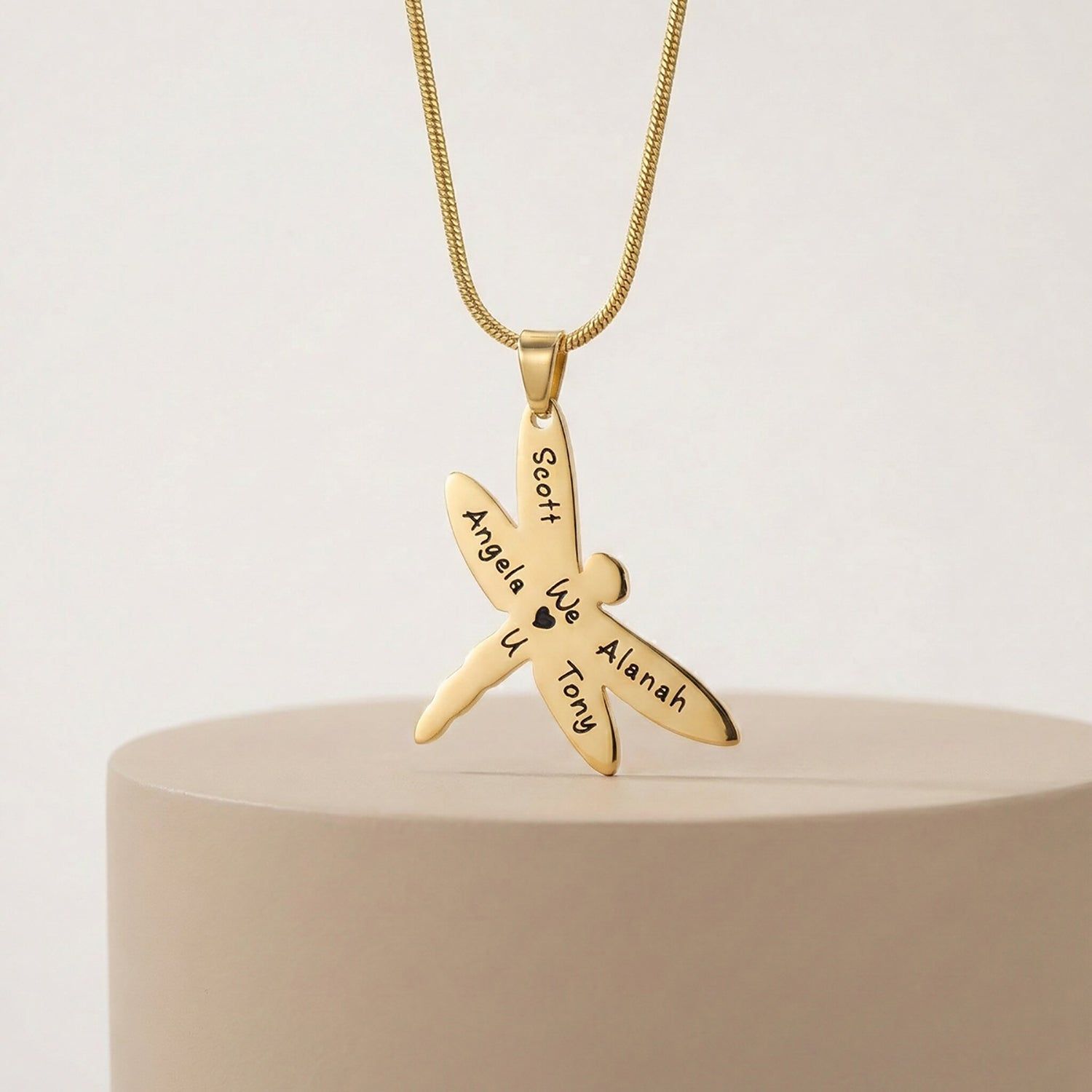 Belle Fever Dragonfly Necklace with Custom Engraved Names gold pendant, elegant strength and transformation jewellery gift.