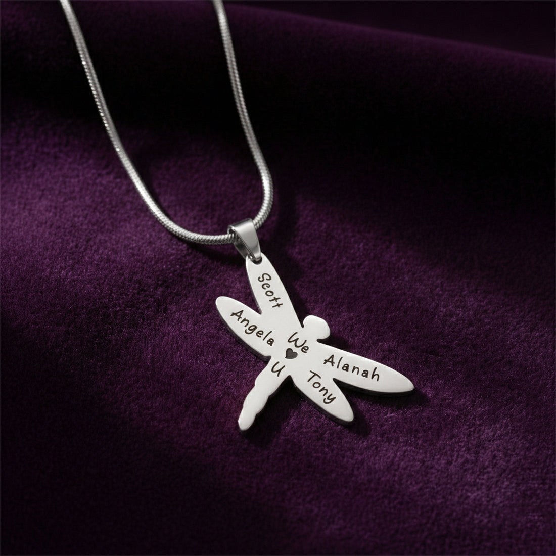 Belle Fever Dragonfly Necklace with Custom Engraved Names, meaningful strength and transformation jewellery gift.