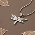 Dragonfly Necklace with Custom Engraved Names by Belle Fever in polished silver, symbolic transformation jewellery gift.