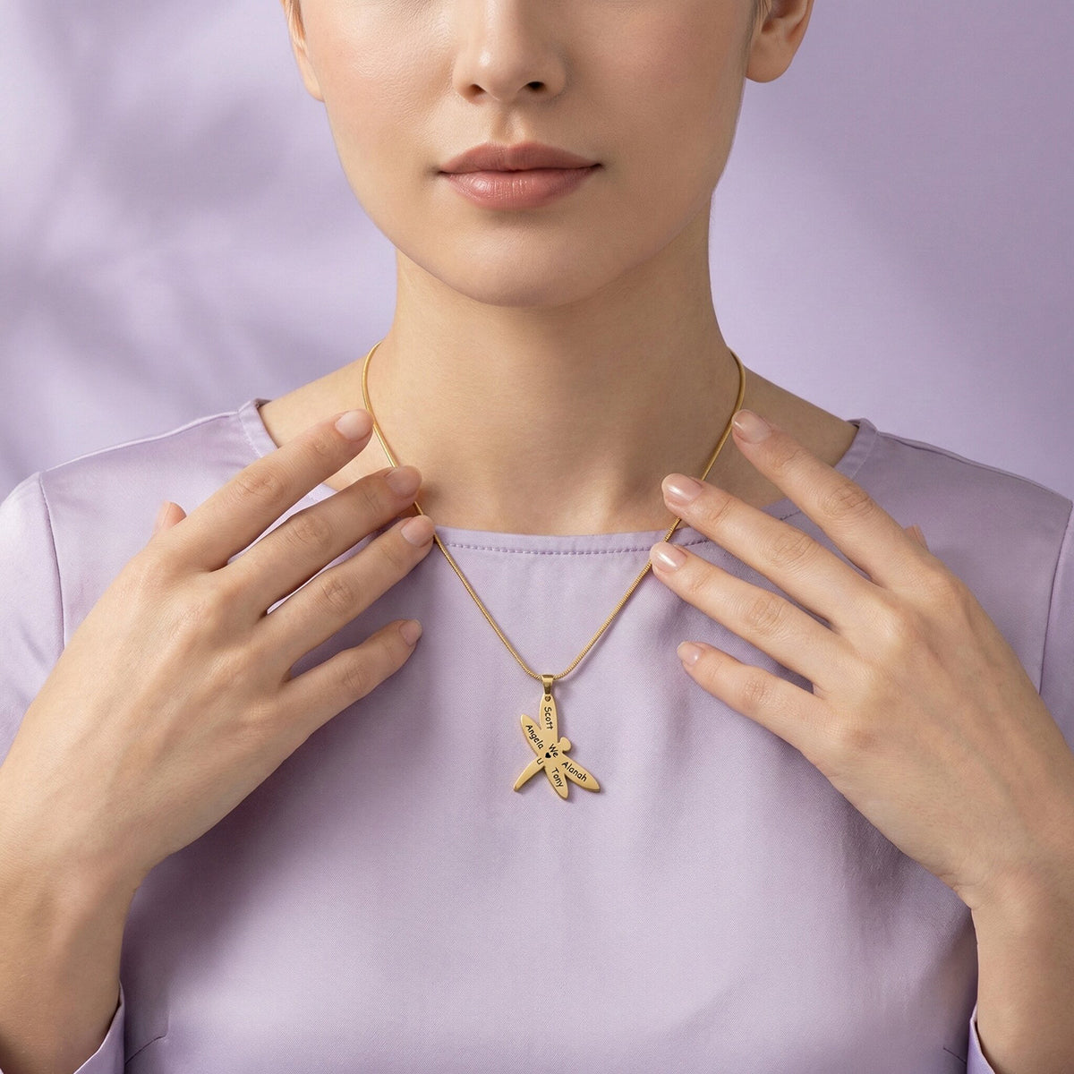 Dragonfly Necklace with Custom Engraved Names by Belle Fever worn close to neckline, meaningful dragonfly jewellery symbolising strength and transformation.