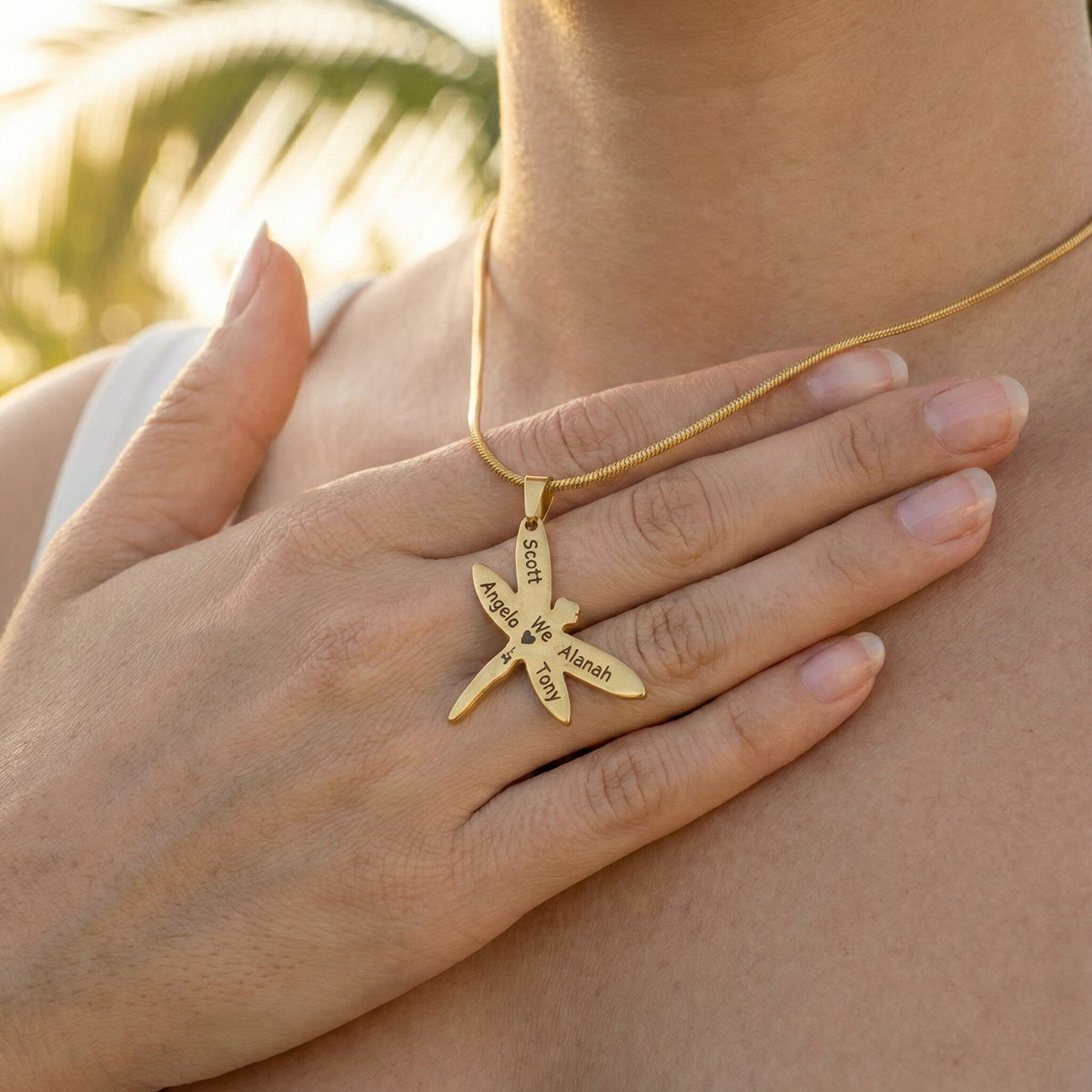 Belle Fever Dragonfly Necklace with Custom Engraved Names worn close to heart, elegant dragonfly jewellery symbol of strength, change and transformation gift.