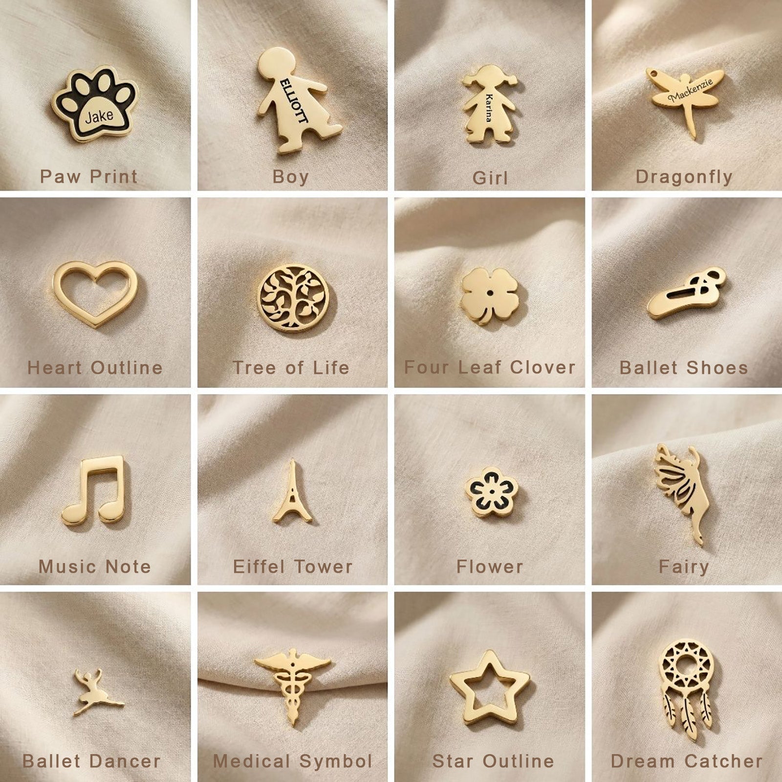 Dream locket charms collection with family figures, symbols, letters and decorative inserts