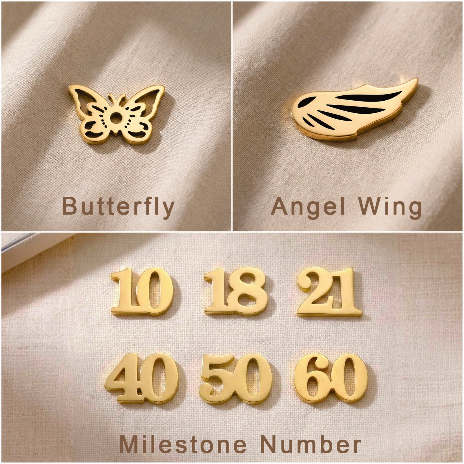 Dream locket charms showing butterfly, angel wing and number charms 
