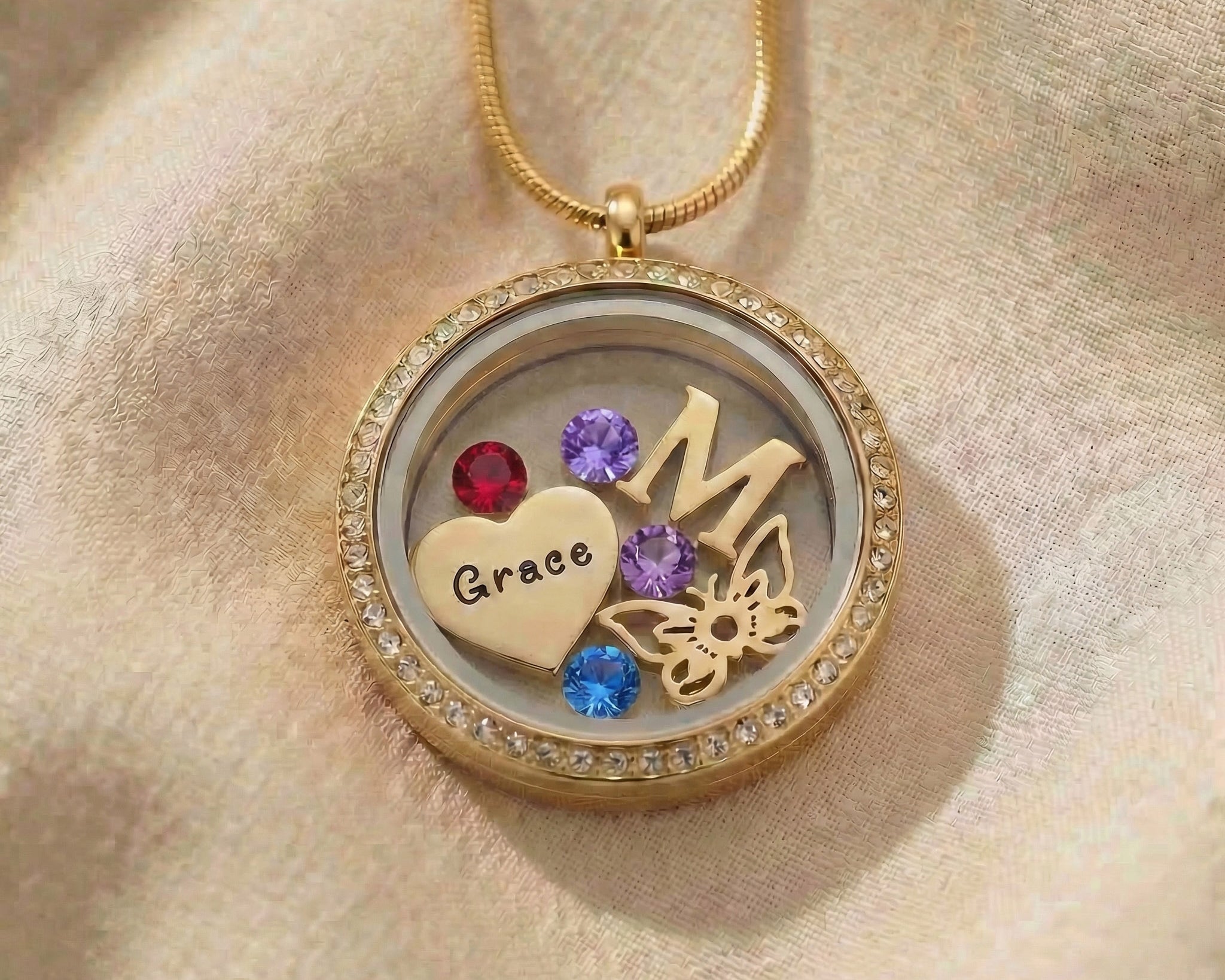 Gold Dream locket necklace, round glass pendant with insert variation