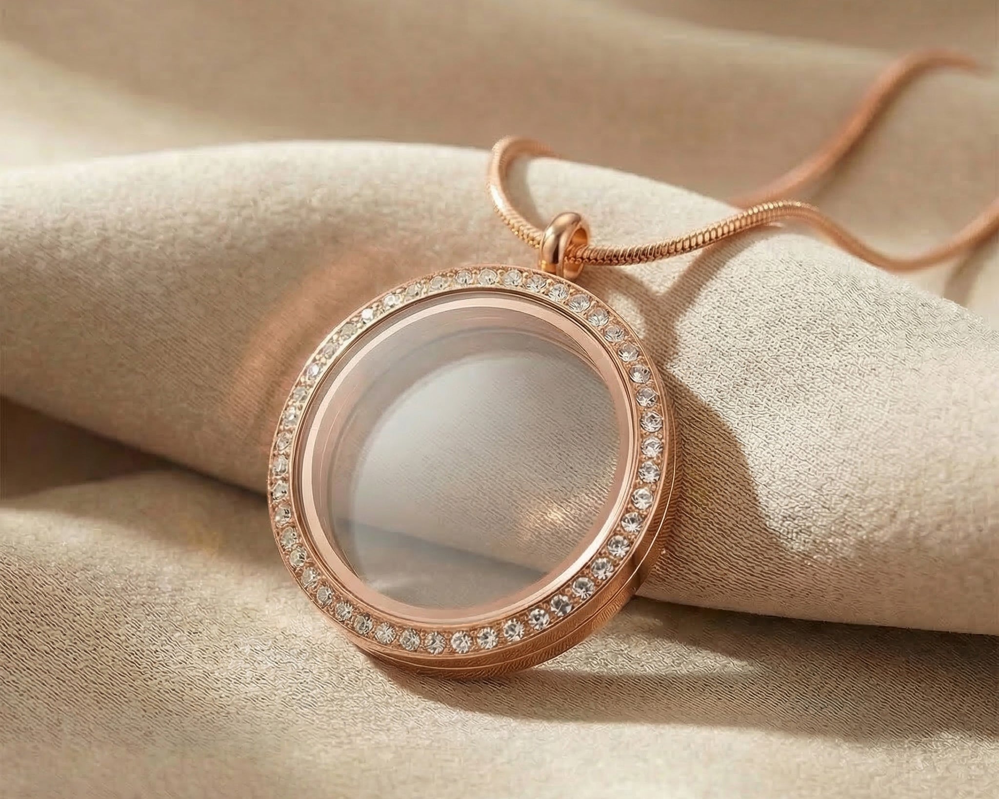  Dream locket necklace in rose gold with glass locket in neutral background 