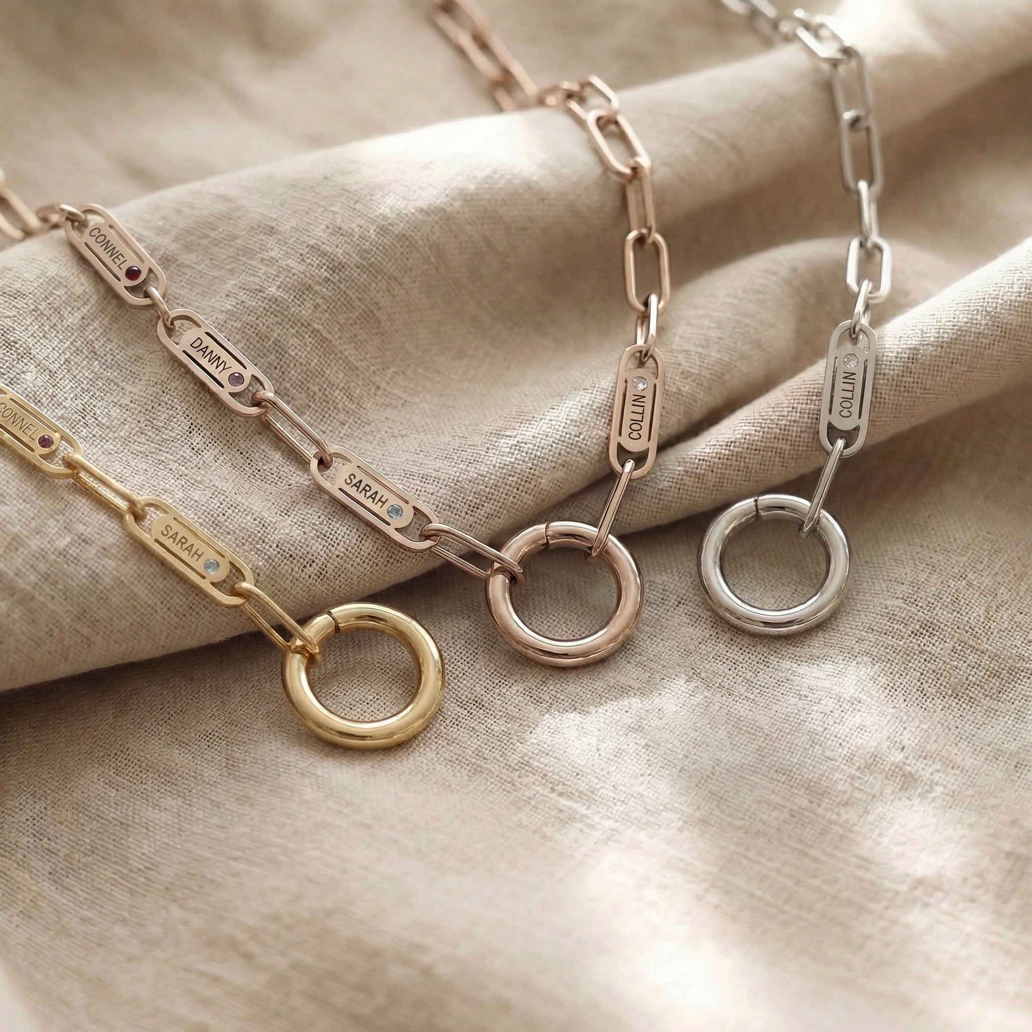 Endless Ties Necklace tone comparison showing gold, silver and rose gold link necklace options
