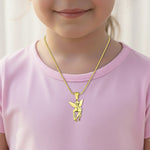 Belle Fever Fairy Name Necklace — personalised gold fairy pendant worn by a child, a magical keepsake necklace designed to celebrate imagination, innocence and name personalisation.