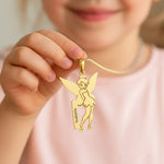 Fairy Name Necklace by Belle Fever — gold fairy charm held gently in hand, a personalised children’s necklace capturing magic, wonder and a special name close to the heart.