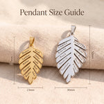 Family leaf necklace size guide showing pendant dimensions and engraved detail