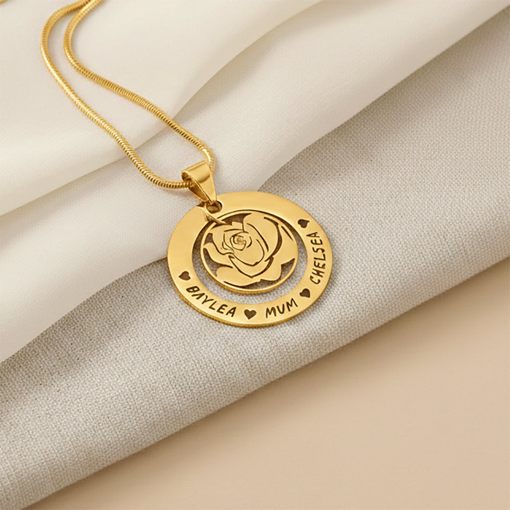 Personalized rose family necklace in gold with engraved family names, belle fever timeless family jewelry gift for mom.