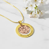 Personalized rose family necklace in gold with engraved family names styled with florals, belle fever heartfelt gift for mom.