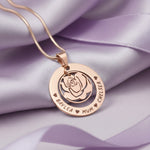 Personalized rose family necklace in rose gold with engraved family names, belle fever sentimental mother necklace.