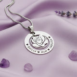 Personalized rose family necklace with engraved family names on satin background, belle fever elegant jewelry gift for mom.