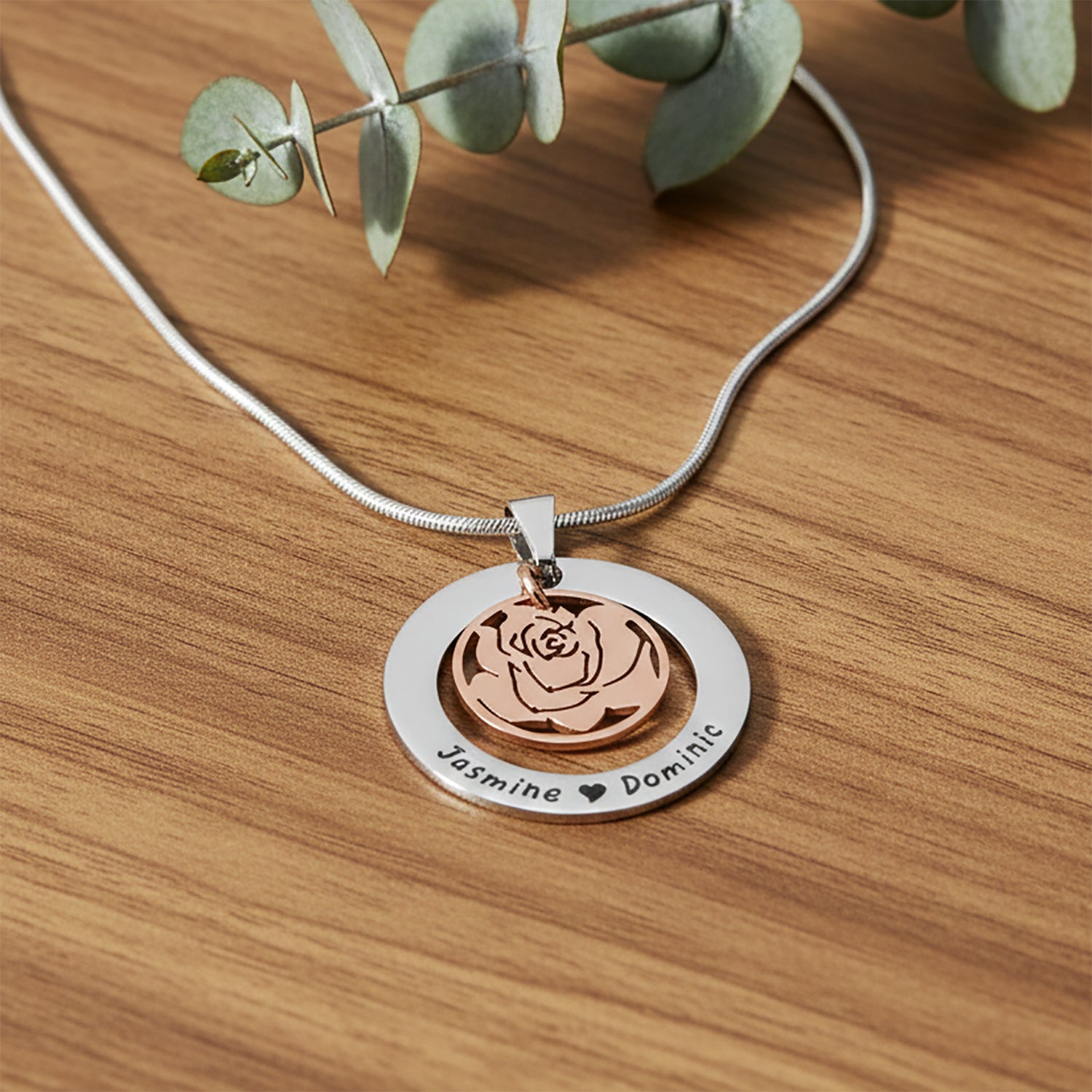 Personalized rose family necklace with engraved family names in rose gold finish, belle fever keepsake gift for mom.