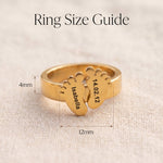 Footprint ring size guide showing band width and engraved baby footprint detail