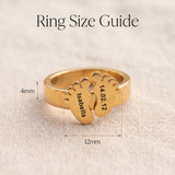 Footprint ring size guide showing band width and engraved baby footprint detail