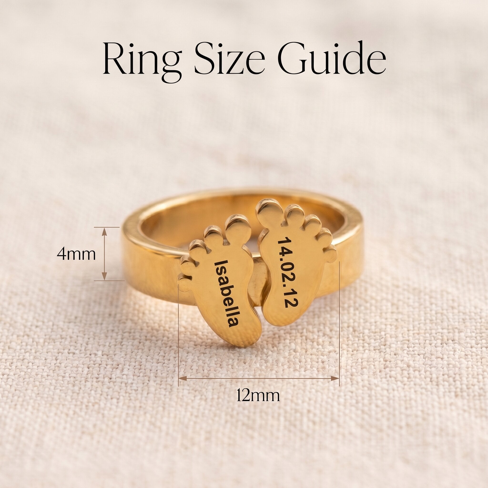 Footprint ring size guide showing band width and engraved baby footprint detail