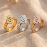 Footprint ring tone comparison showing gold, silver and rose gold finishes, personalised mother keepsake gift