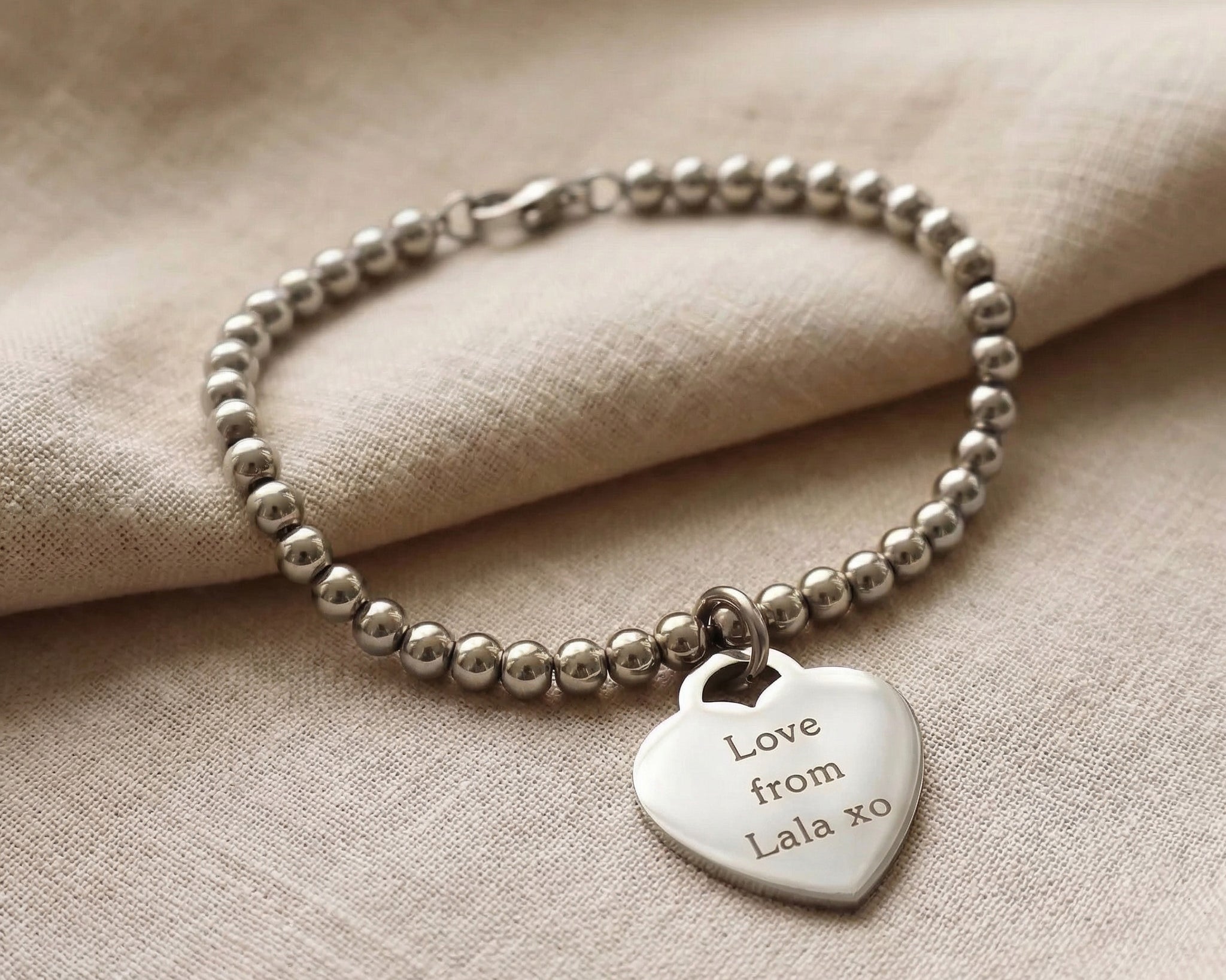 Forever In My Heart Charm Bracelet in silver with engraved heart charm, meaningful personalised jewellery
