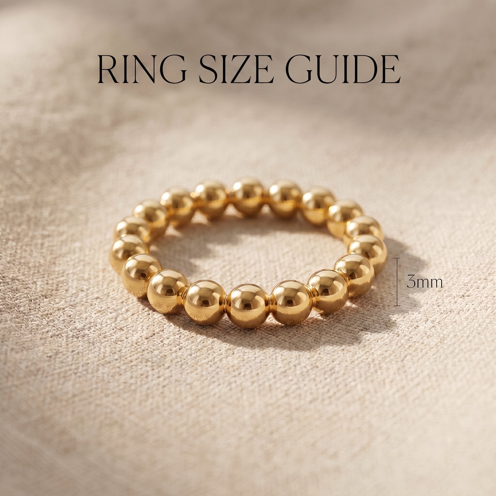 Golden link ring size guide showing band width and chain link design proportions