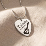 Guitar pick necklace in silver with engraved name, personalised jewellery for music lovers