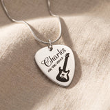 Guitar pick necklace in silver with engraved name, personalised jewellery for music lovers
