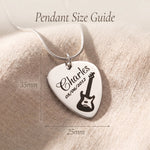 Guitar pick necklace size guide showing pendant dimensions and chain length