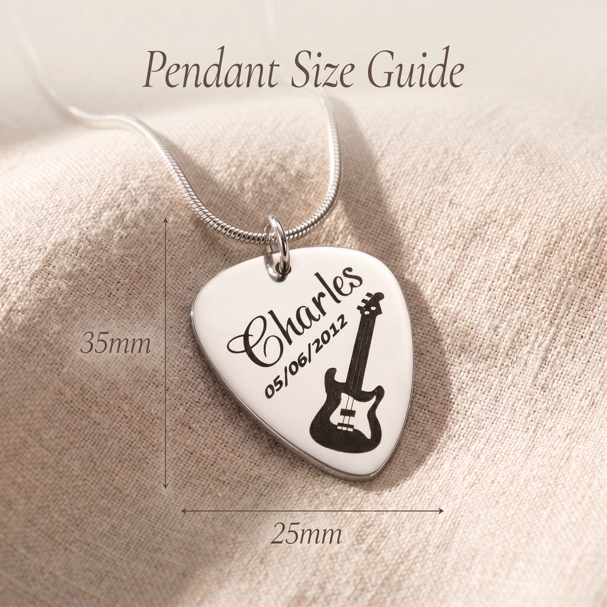 Guitar pick necklace size guide showing pendant dimensions and chain length
