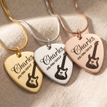 Guitar pick name necklace tone comparison showing gold, silver and rose gold finishes