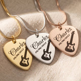 Guitar pick name necklace tone comparison showing gold, silver and rose gold finishes