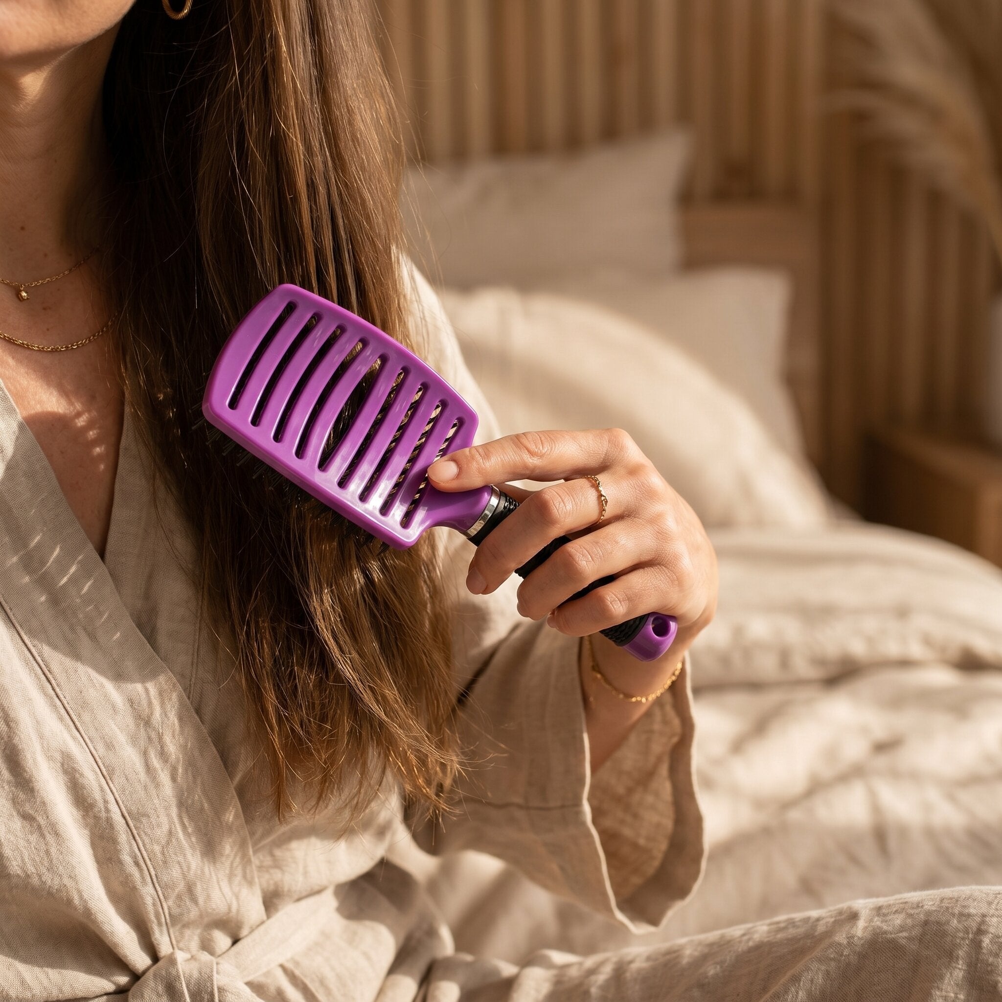 Woman using detangling hair brush for smooth brushing and gentle everyday hair care routine
