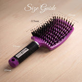 Detangling hair brush size guide showing brush dimensions and flexible bristle design