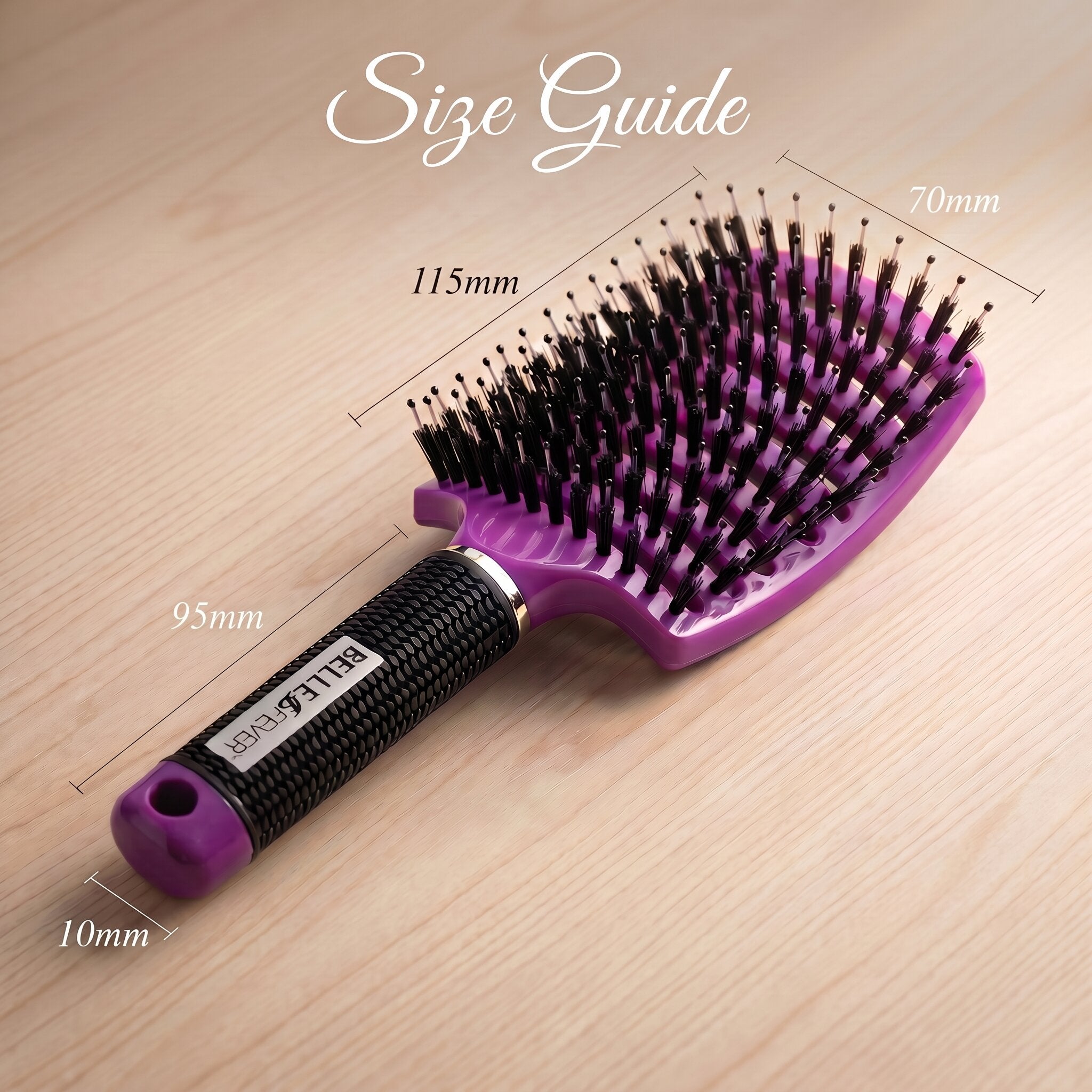 Detangling hair brush size guide showing brush dimensions and flexible bristle design