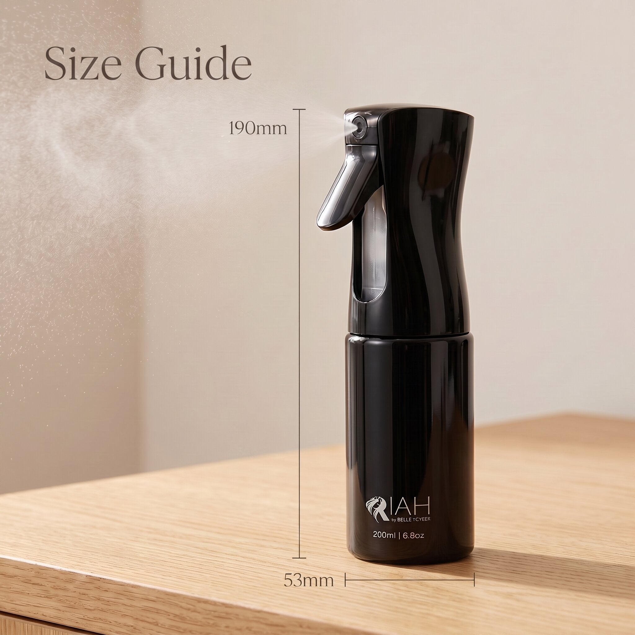 Continuous mist spray bottle size guide showing hair care bottle dimensions and spray design detail