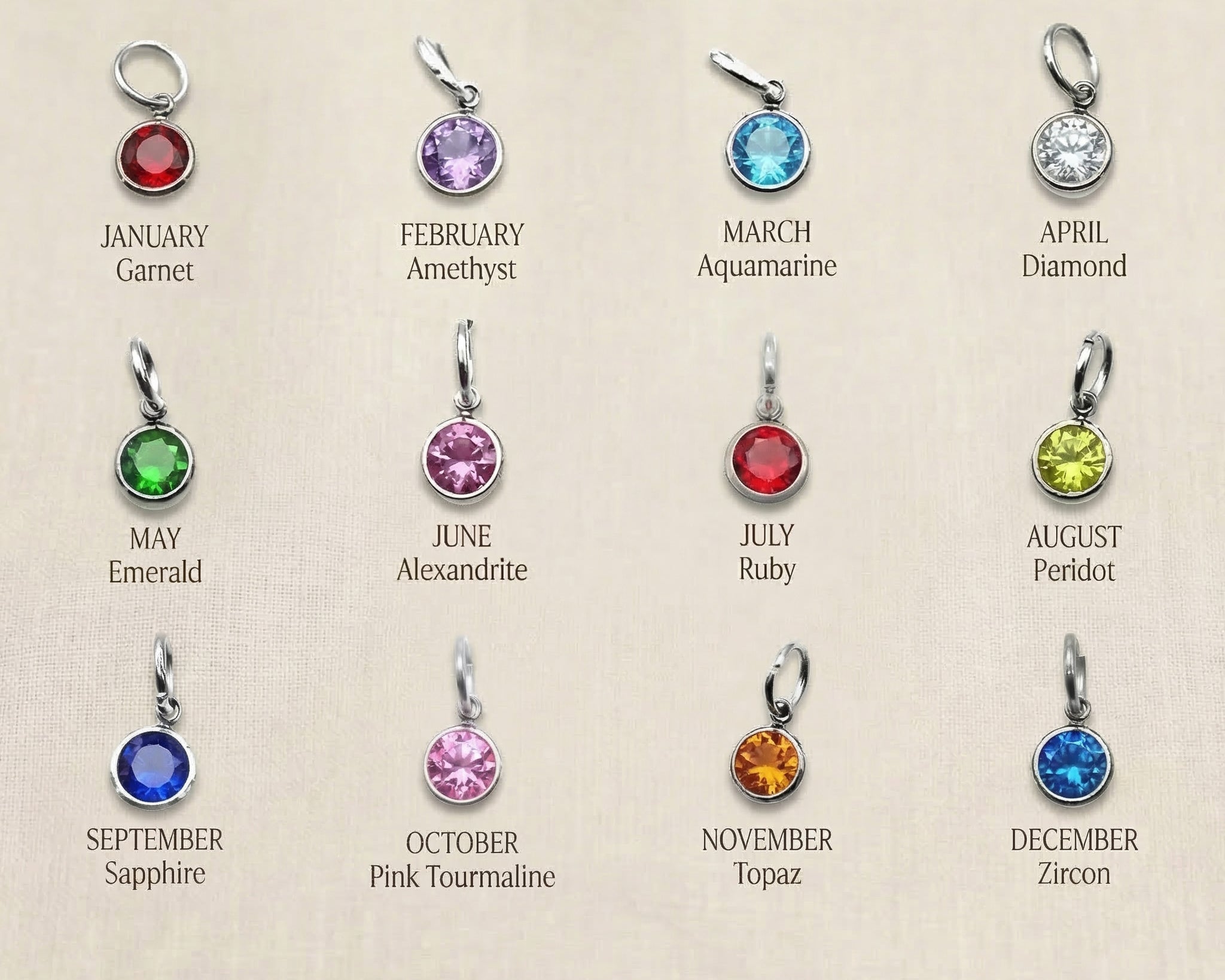 Birthstone color chart showing available gemstone options for necklace and keyring customization