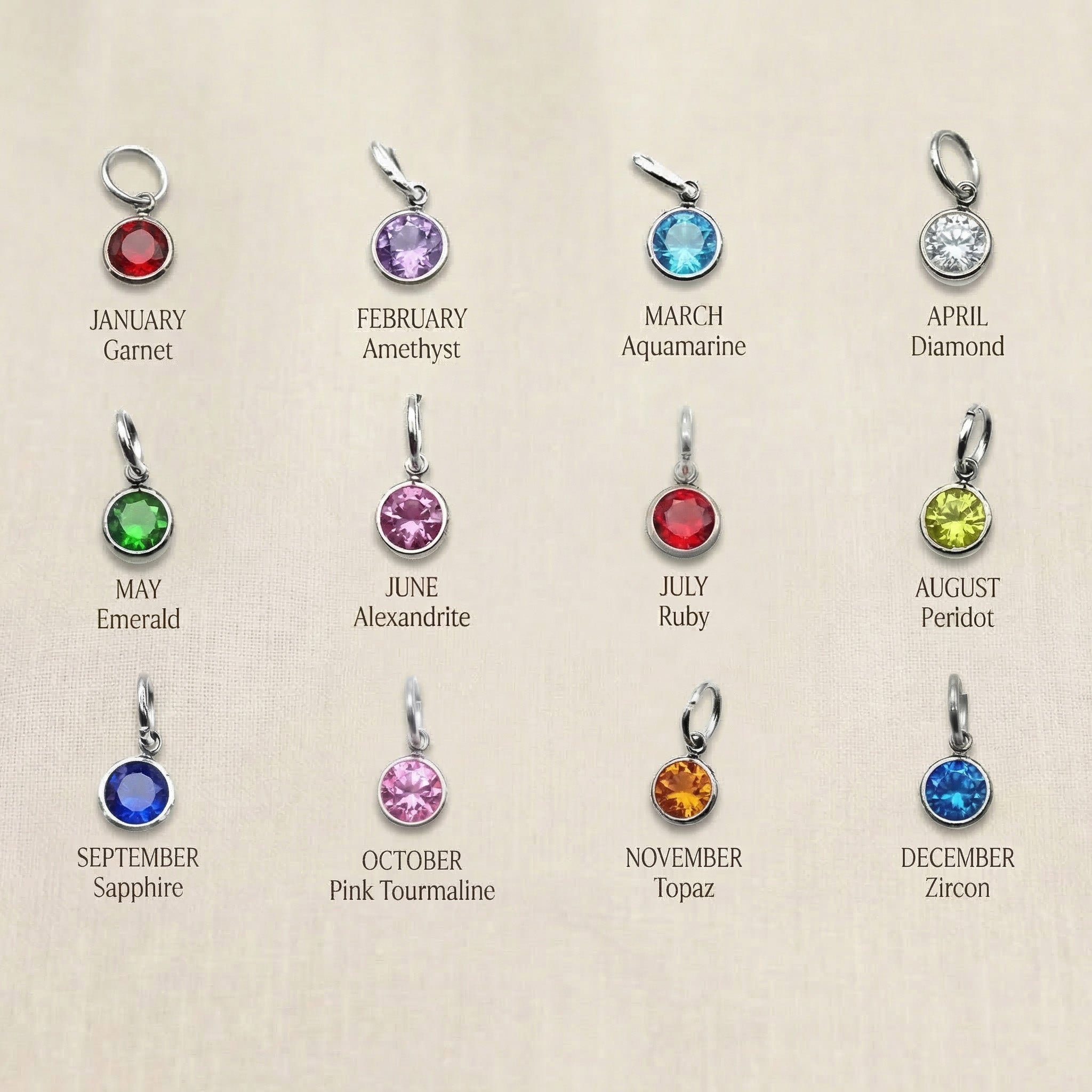 Birthstone color chart showing available gemstone options for customization
